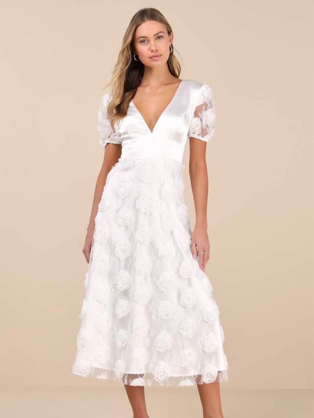 Lulus Gorgeous Elevation White Lace Rosette Puff Sleeve Midi Dress NWT